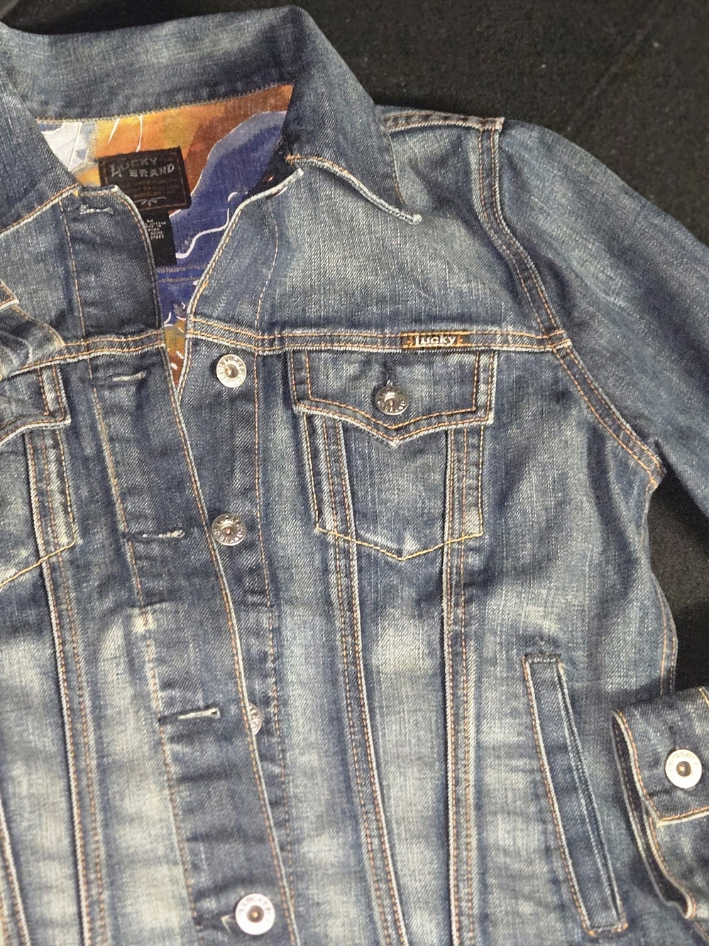 Lucky Brand Faded Blue Denim Jacket with Contrast Stitching